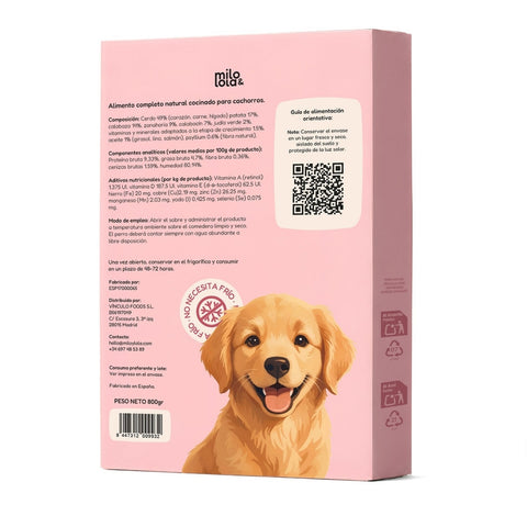 Comida Natural Cocinada de Cerdo para Perro Cachorro